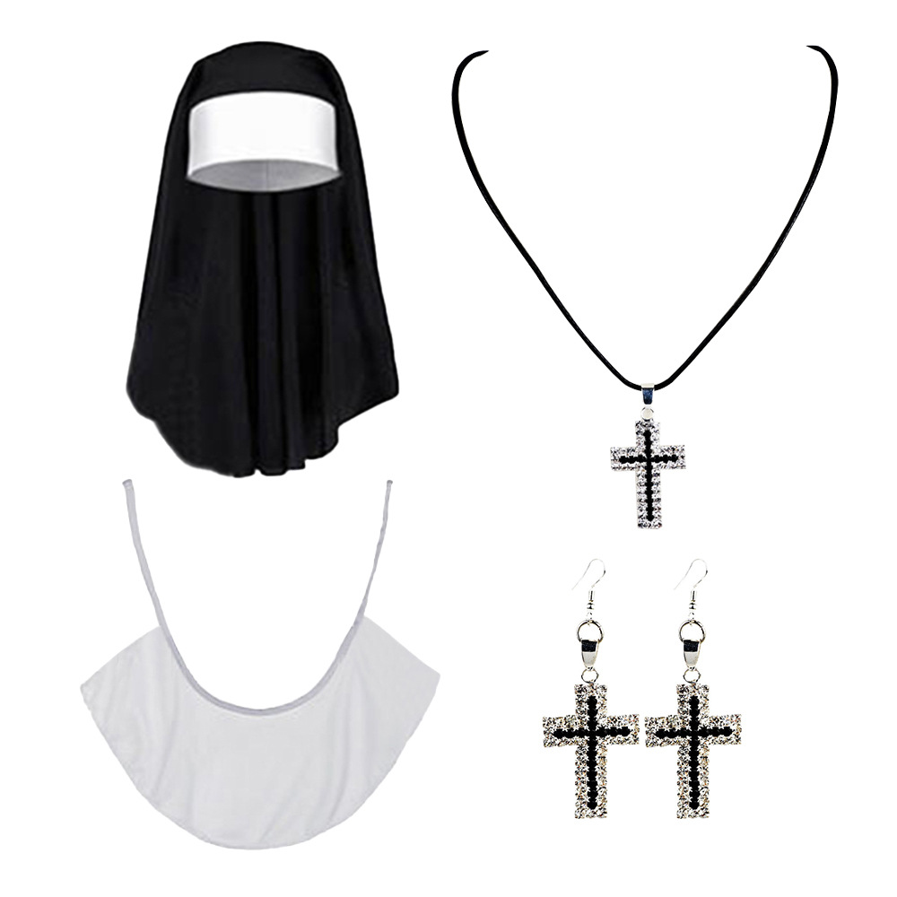 Halloween sexy cosplay monjas juegan disfraz ropa pañuelo calcetines collar crucifix set