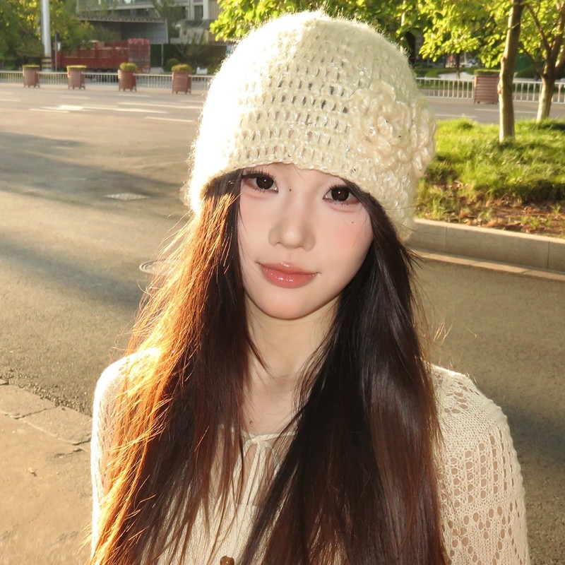 亮片花朵针织包头帽女秋冬季文艺百搭复古冷帽保暖护耳帽毛线帽子|undefined