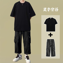 小众高街金属设计短袖套装男生夏季t恤潮牌九分工装裤搭配两件套