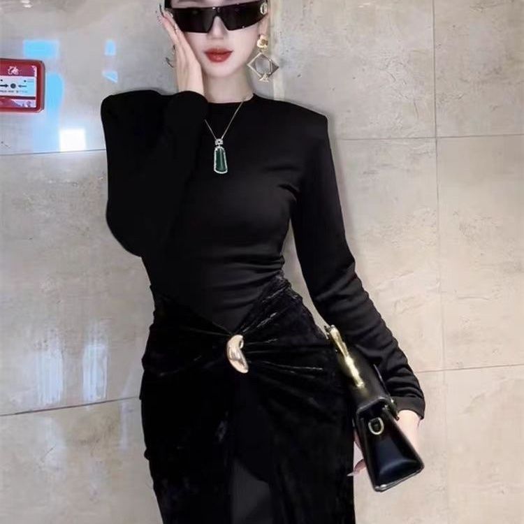 2025秋季网红新款假两件连衣裙女轻奢名媛风丝绒拼接修身显瘦长裙|undefined