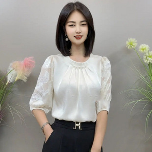2025 Jacquard Summer New Fashion Elegant Five-Quarter Sleeve Top Women's Round Neck Beads Large Size Loose Versatile Shirt