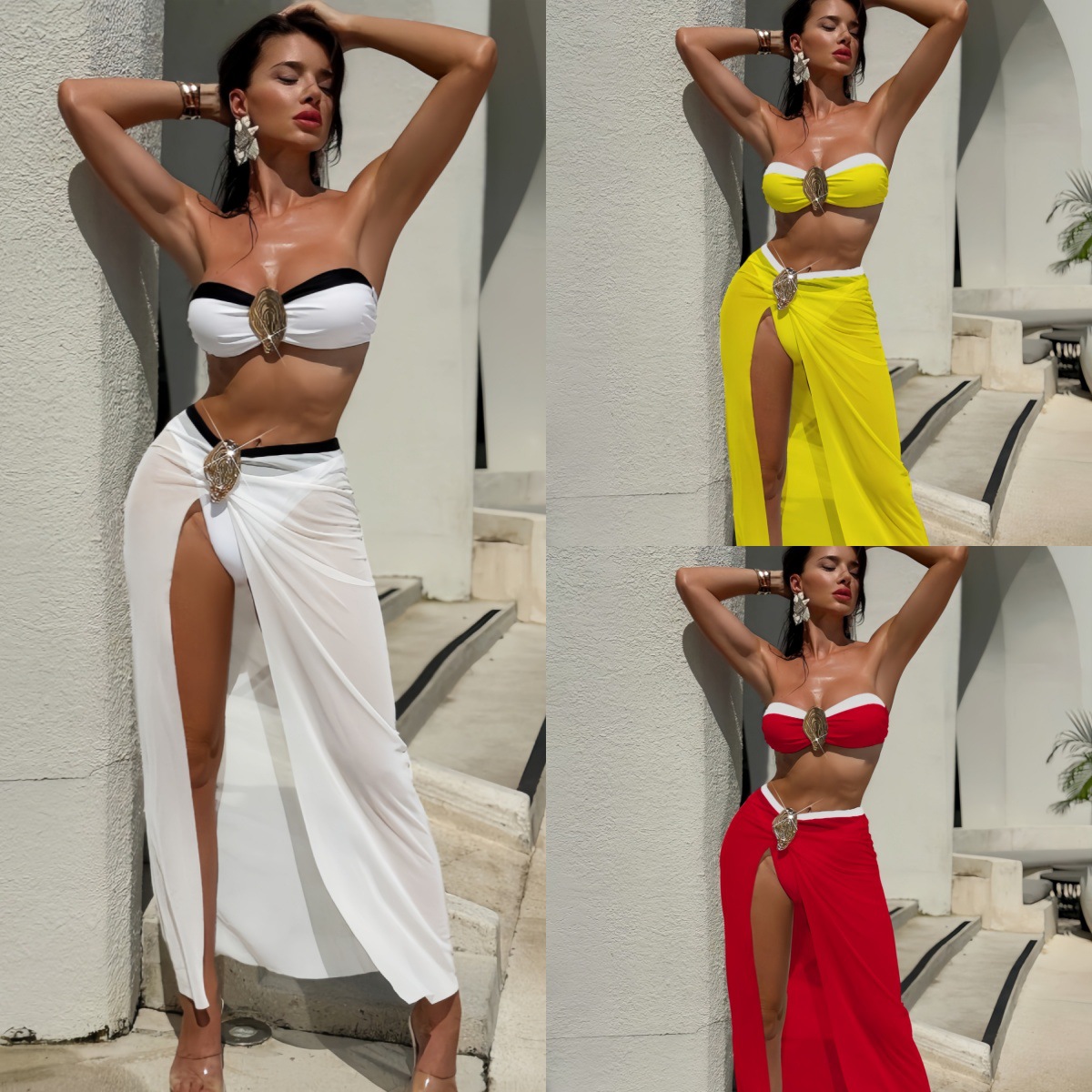 Solid-color three-piece long dress swimsuit