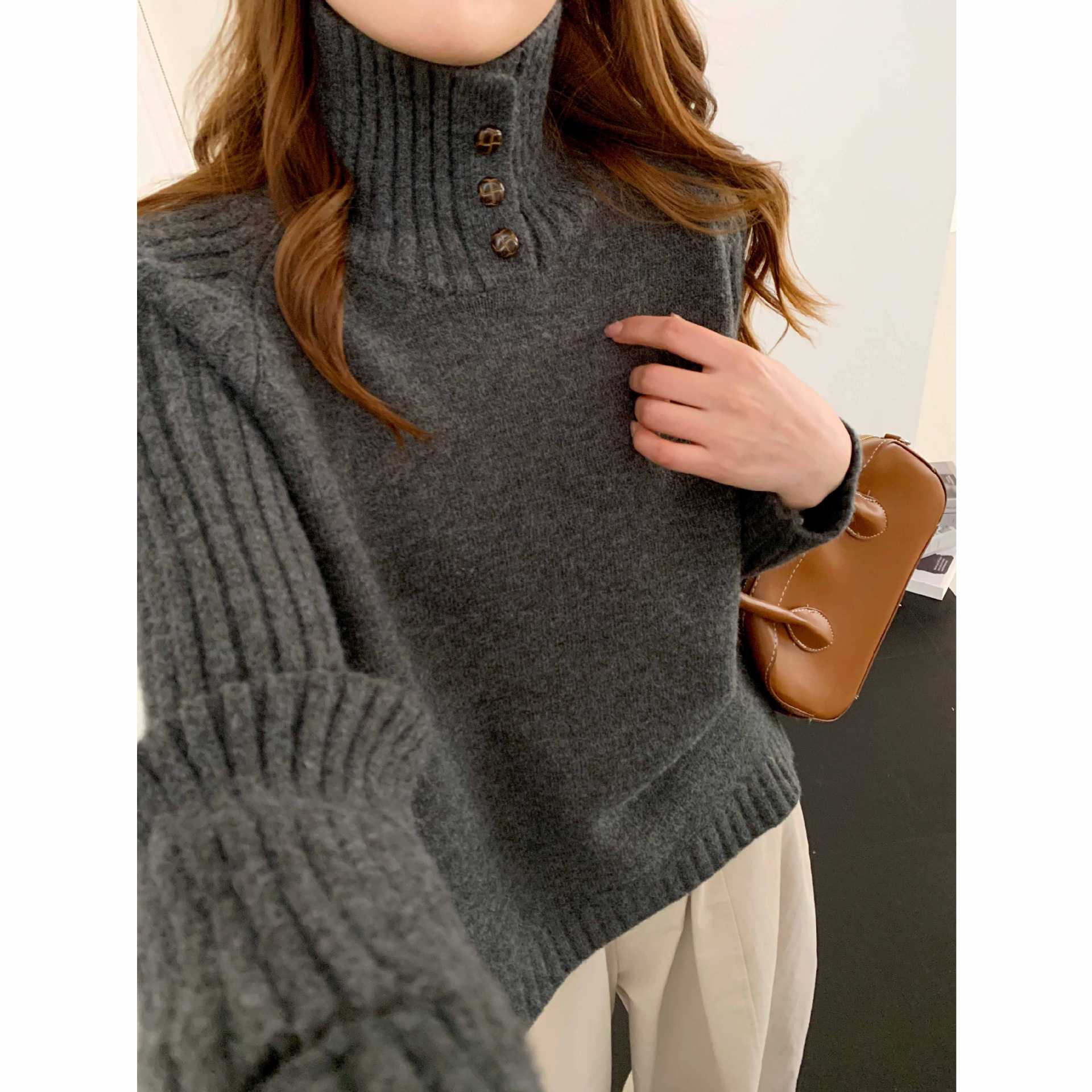 3441【540g genuine thickened three-button】New autumn and winter loose high-neck long-sleeve women's knit sweater