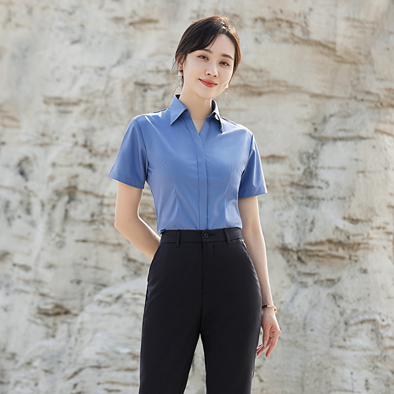 Bamboo Fiber White Shirt Women's Short Sleeve Summer Professional Dress Blue Work Clothes Women's White Shirt Summer