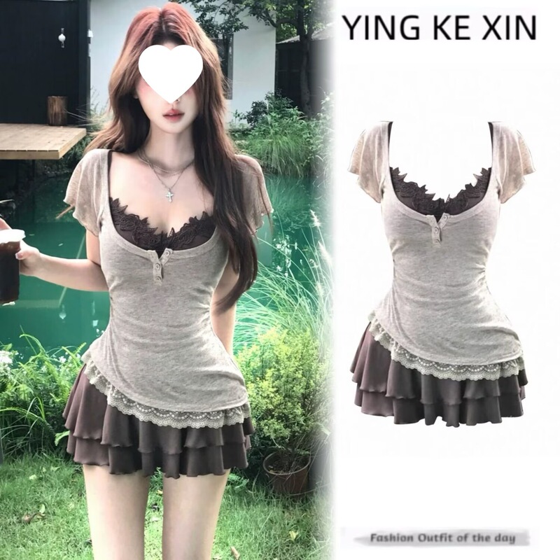 (with Chest Pads) Stunningly Beautiful Summer Dress That Slims the Waist and Makes You Look Slimmer, Hot Girl Style Short-Sleeve Ice Silk Blouse and Short Skirt Set
