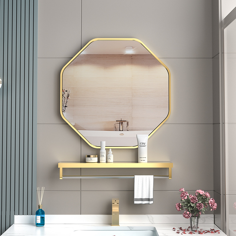 Punch-free Toilet Bathroom Mirror Octagonal Wall-mounted Mirror with Storage Rack Toilet Wall-mounted Cosmetic Washbasin Mirror