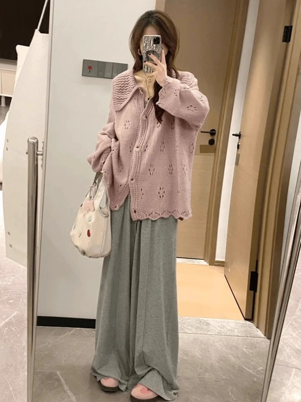 慵懒风钩花镂空外套海军领针织开衫女春秋灰色外搭宽松显瘦高级感|undefined