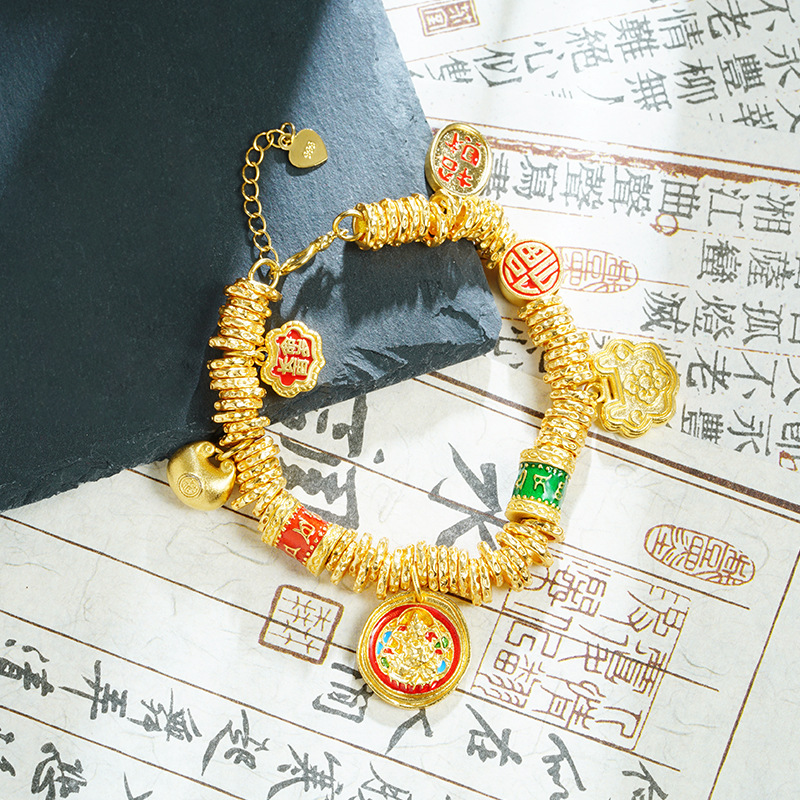 Nueva pulsera de oro de arena antigua de estilo chino, plato de marea nacional, bendición gorda, pulsera de Dios de la riqueza amarilla, el viento del palacio no se desvanece durante mucho tiempo, joyería