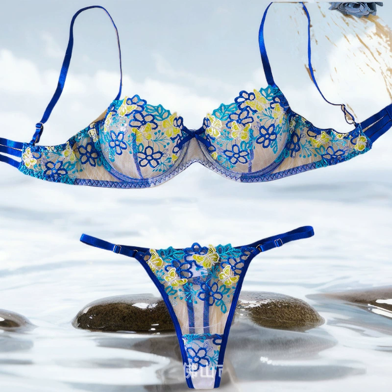 Синие и белые фарфоровые новые перспективные сетчатые вышитые нижнее белье цветы бабочка бюстгальтер эротическое белье набор оптом 24019