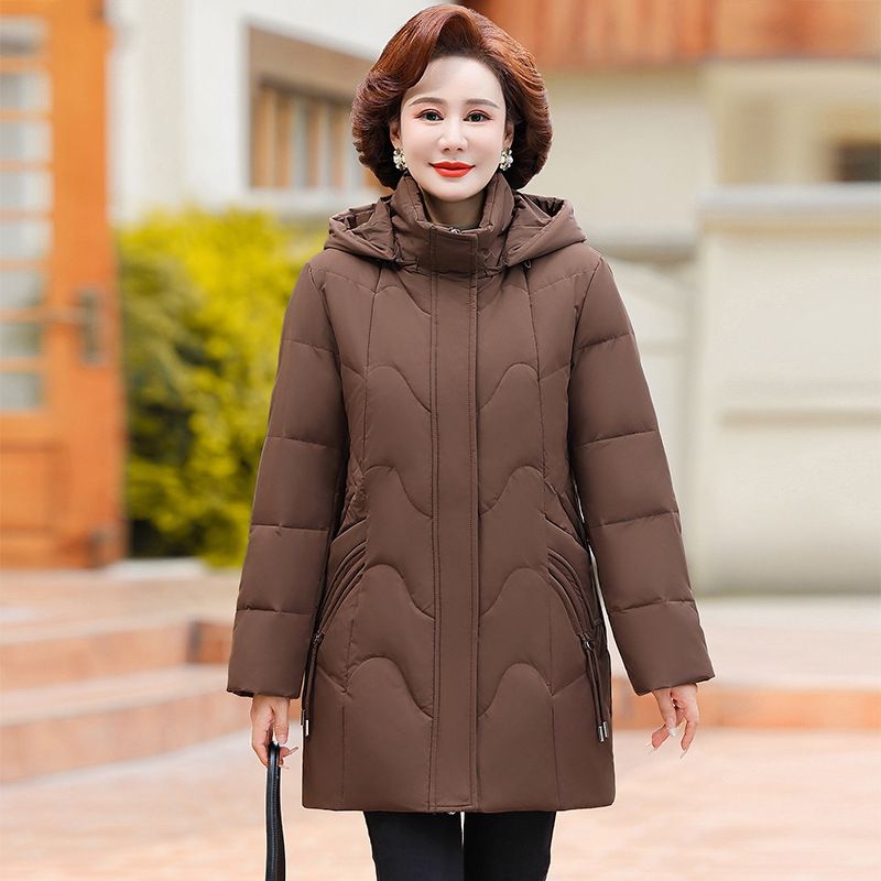 正品牌中年人羽绒服中长款女士时尚休闲妈妈款加厚白鸭绒大码外套