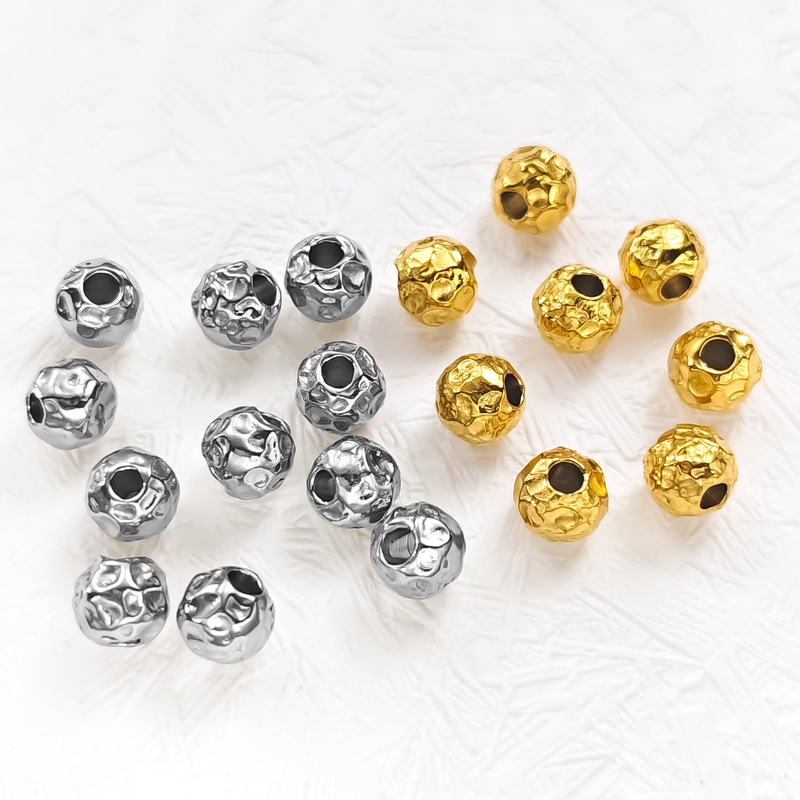 Stainless Steel Hammered Beads DIY Lava Beads Handmade Beads Spacer Beads Asymmetrical Bracelet Round Beads Vacuum Gold-Plated Accessories