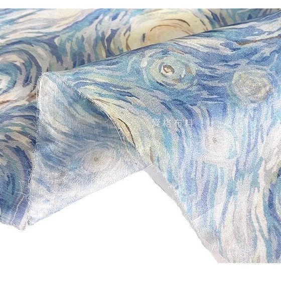 Transparent Van Gogh Starry Blue Printed Silk Tencel Linen Mulberry Silk Fabric Skirt Fabric