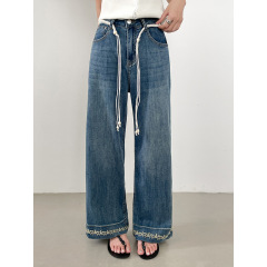 [Boshixi Denim] Geming レトロダメージ刺繍ジーンズ レディース 夏 韓国風ストラップストレートパンツ N389C