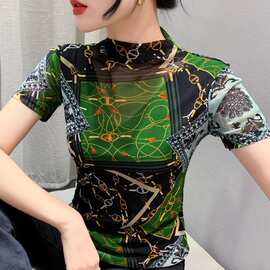 亚马逊新款短袖半高领棉纱打底小衫2023秋冬绿色格纹提花上衣欧美