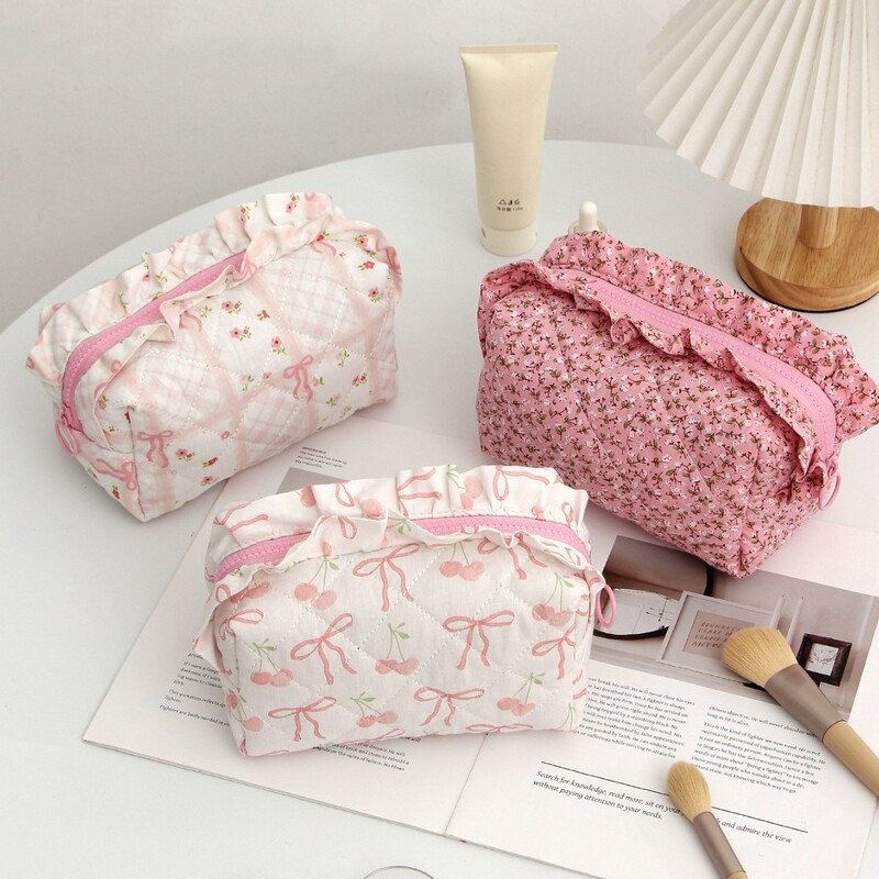 Girls Korean Style Lace Bow Cosmetic Bag Student Ribbon Quilted Pencil Bag Portable Toiletry Bag Inner Bag