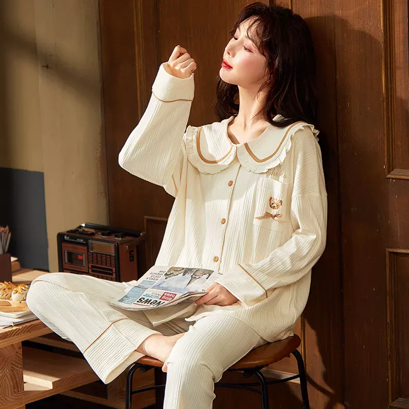 睡衣女士秋冬季棉质长袖开衫翻领华夫格家居服卡通甜美套装可外穿