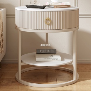 Cream Style Round Small Coffee Table Living Room Home Sofa Slate Side Table Bedroom Bedside Table with Drawers Simple and Modern