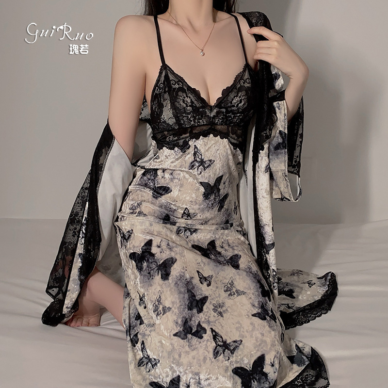 瑰若纯欲慵懒印花睡衣激情深V加胸垫丝绒女睡裙外袍家居套装4827|undefined