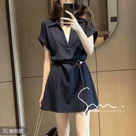假两件翻领短袖连衣裙女2026夏季新款时尚百搭设计感气质休闲短裙