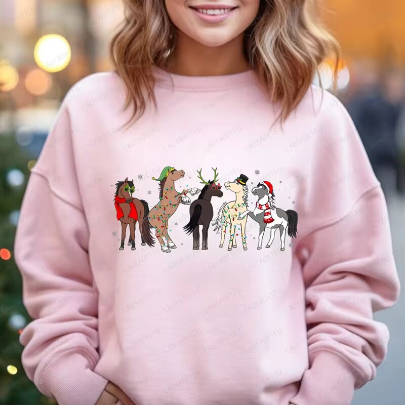 Merry Christmas Lantern Sweatshirt Horse Party Print Hoodie Christmas Hat Women's Long Sleeve Sweater Top Merry Christmas Lantern Sweatshirt Horse Party Print Hoodie Christmas Hat Women's Long Sleeve Sweater Top