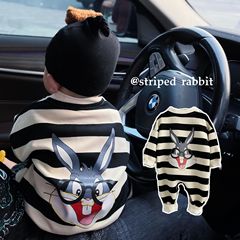 Spring New Cotton Baby Clothes Trendy Baby Outfit Black and White Striped Rabbit Baby Bodysuit