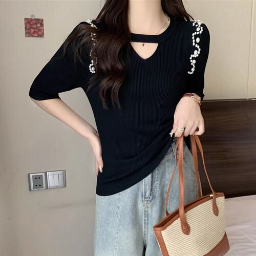 Women's belly-covering hollow ice silk short-sleeved base shirt 2025 summer mm slimming age-reducing foreign-style knitted top