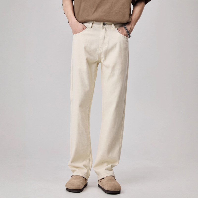 2026 Spring Hot-Selling Off-White Jeans for Men, American-Style Casual Straight Wide-Leg Youth Solid Color Loose Long Pants