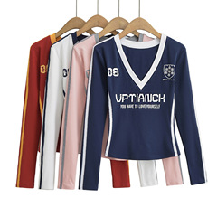 秋季新款辣妹時尚運動拼色V領緊身印花上衣長袖T恤短款顯瘦