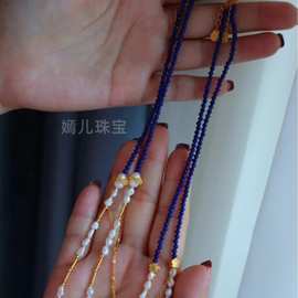 新中式设计款天然青金石珍珠项链通体S925银镀金时尚精致女式