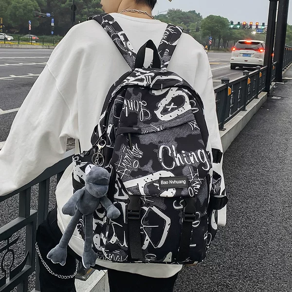 Fashionable Brand Backpack Men's Ins Cool Large Capacity Graffiti Backpack Men's Casual College Student School Bag Male Junior High School Student