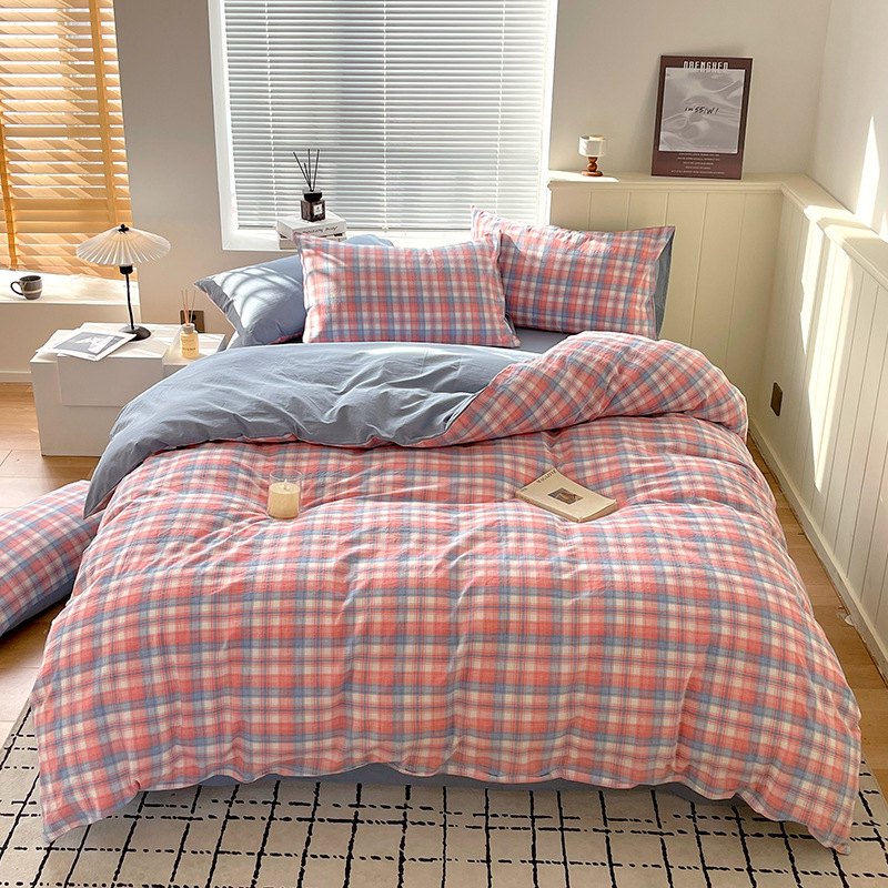 Juego de tres piezas de algodón lavado teñido en hilo, dormitorio de estudiantes universitarios, juego de literas, sábana, sábana, sábana, juego de cuatro piezas