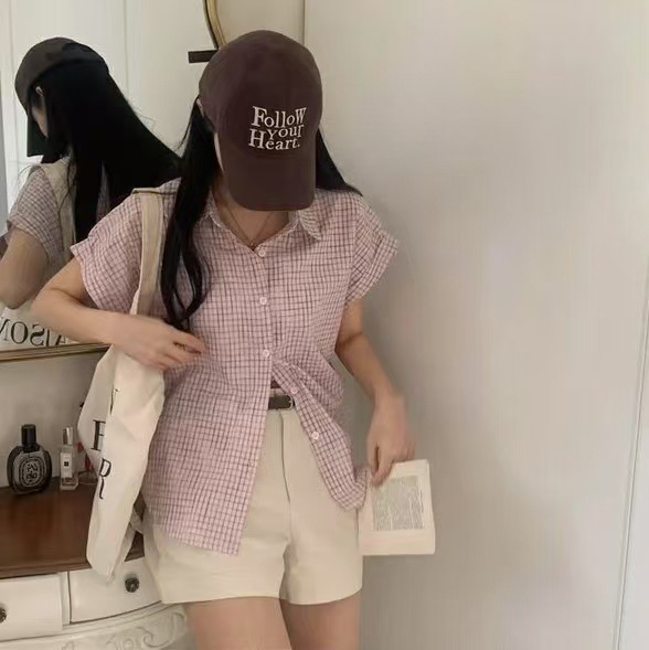 韓国chicファッションファッションファッション婦人服格子シャツ25夏単列ボタンゆるい半袖4色シャツカーディガン|undefined