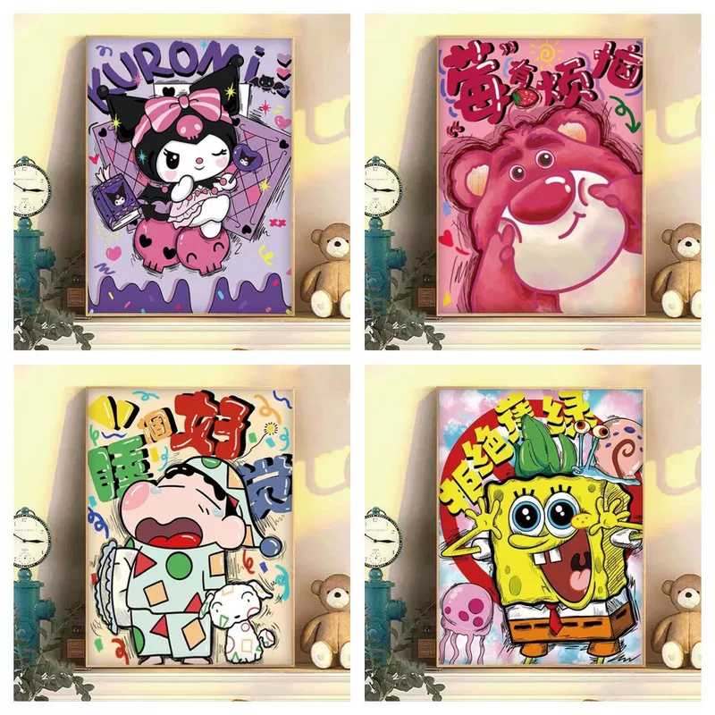 Рисование стразами Douyin DIY Kuromi и клубничный мишка, круглые клеевые стрази, 30×40–40×50 см без рамы