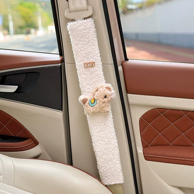 Seat belt shoulder pad – Creative and Cute Design for Women - khaki-plush-pony-white-lambswool-shoulder-pad-49cm-single