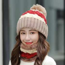 秋冬加绒韩版女士保暖加厚两件套保暖骑车户外针织简约百搭毛线帽