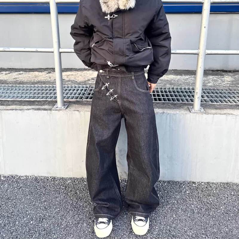 Hy711 Diagonal Placket Airplane Buckle Raw Denim Straight-Leg Slightly Curved Jeans Unisex Versatile Loose Baggy Pants
