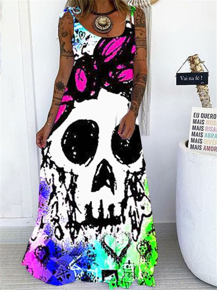 Women's A-line Skirt Punk V Neck Printing Sleeveless Printing Maxi Long Dress Daily display picture 1