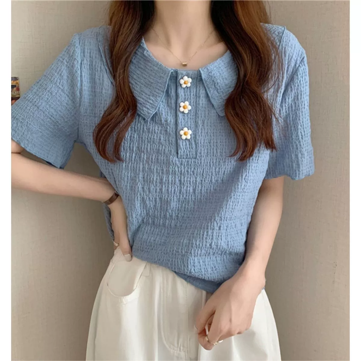 Короткая удобная футболка с круглым вырезом 2024 летом новая мода тонкая свободная тонкая корейская версия уникального блузки с короткими рукавами