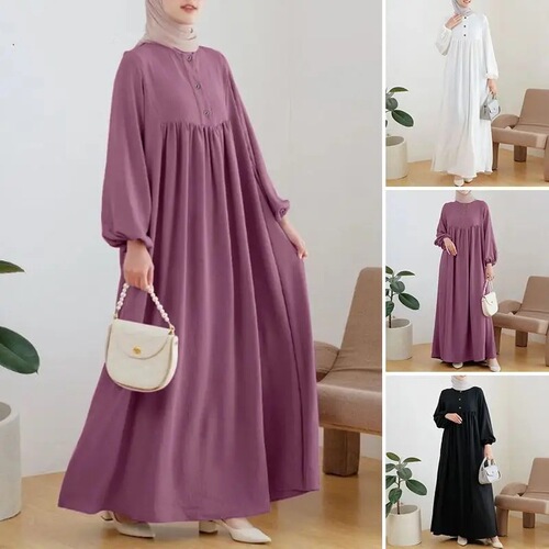Malay Muslim women's clothing solid color robe loose dress fashionable casual lantern sleeve long dress elegant