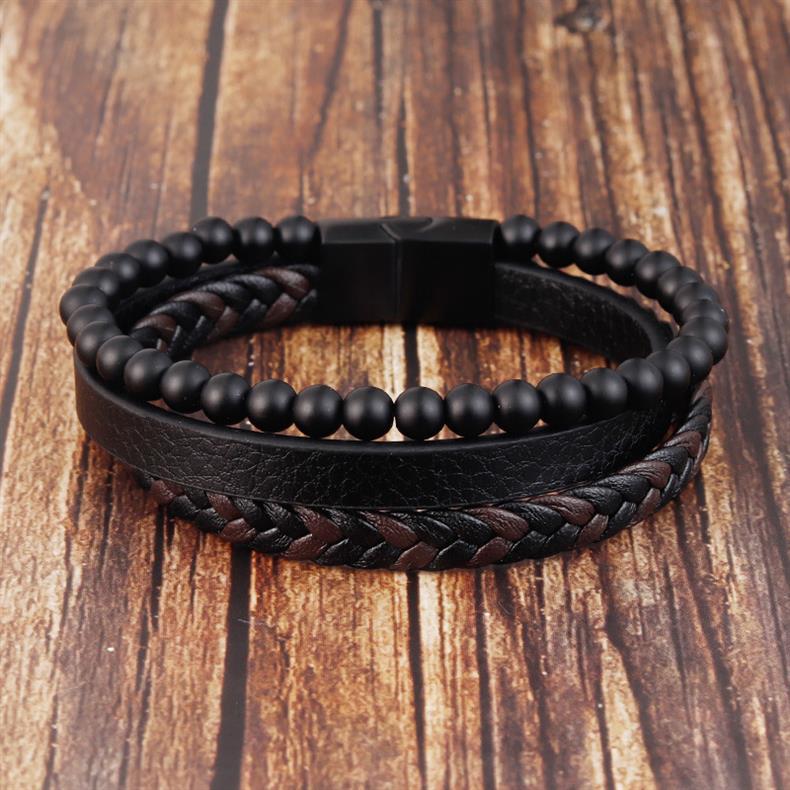 Retro Punk Geometric Pu Leather Natural Stone Beaded Knitting Men's Bracelets display picture 3