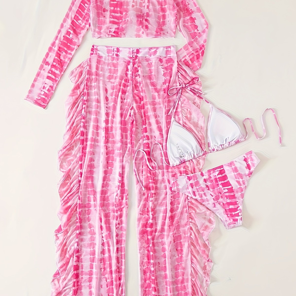 2026 New European and American Cross-Border Hot-Selling Tie-Dye Printed Women's Vacation Bikini Set Four-Piece Mesh Vacation Set