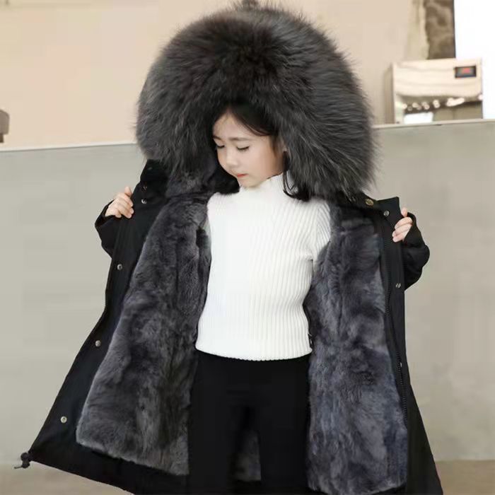 Children's Parka Rabbit Fur Outwear Winter New Style for Boys and Girls Fleece-Lined Mid-Length Large Fur Collar Thickeneded Cotton Outwear