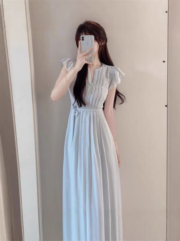 Gejiaショッピングモールの2025年夏の女性用スリムで優しくスリムな小さなフライングスリーブのルーズドレス|undefined