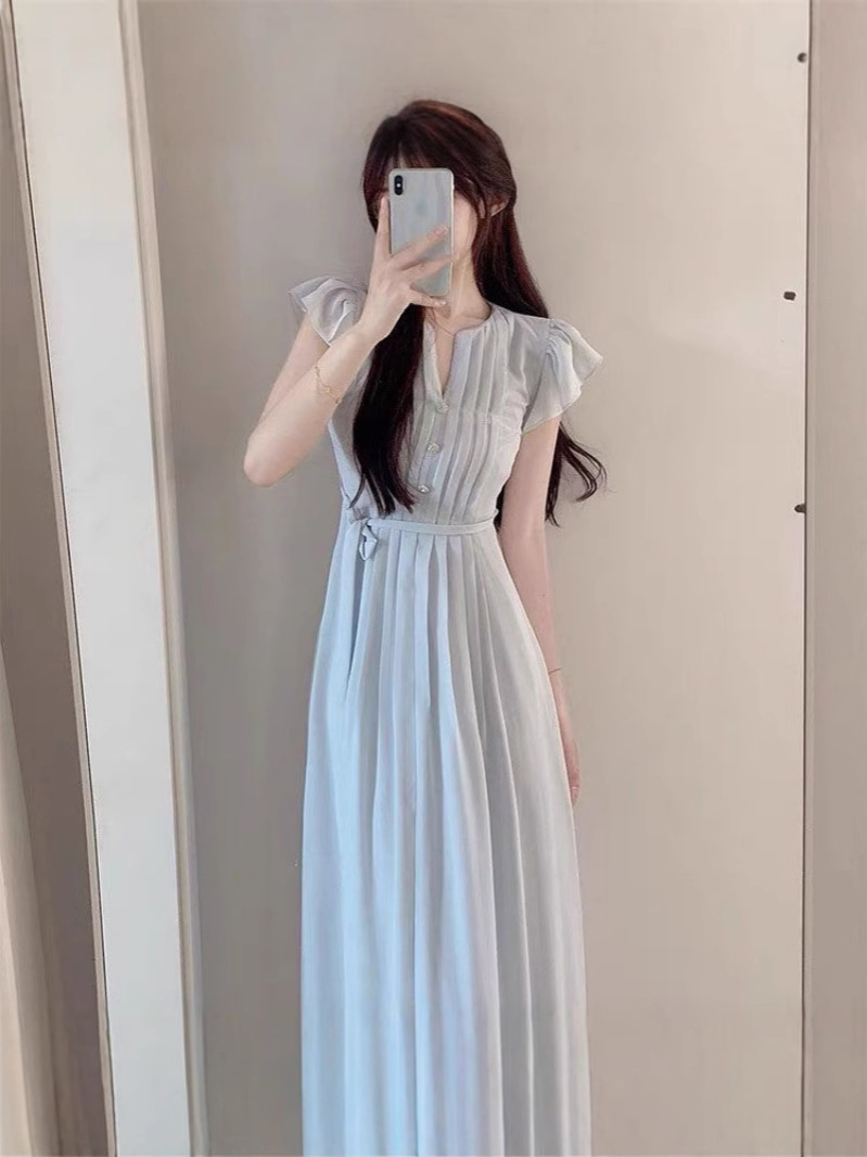 Đầm suông nữ tay bồng nhỏ ôm dáng mùa hè — màu xanh nhạt