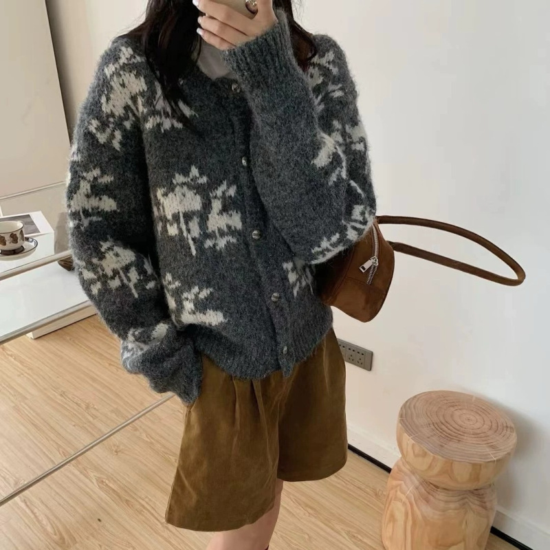 韩系复古费尔岛提花毛衣女秋冬新款慵懒风重工雪花短款开衫外套潮|undefined