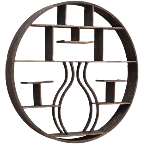 Solid wood modern minimalist wall-mounted round ancient rack new Chinese style living room tea set tea room storage rack display rack