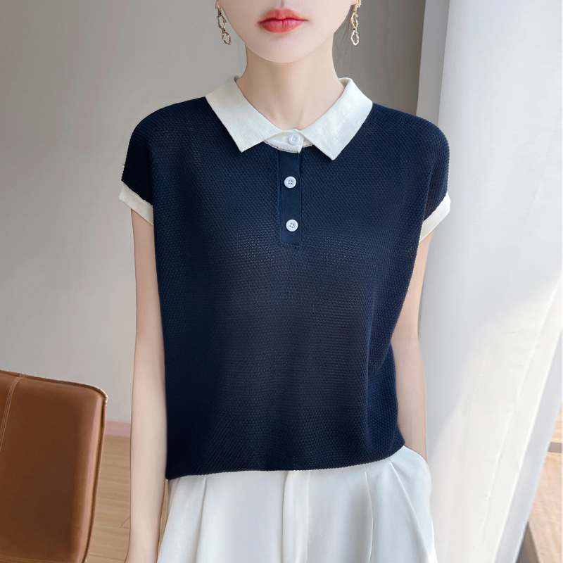 Summer New Style Color-Blocked Polo Collar Short-Sleeved Women's Lyocell Tencel Knitted T-Shirt with Contrasting Colors and Loose Lapel Top Summer New Style Color-Blocked Polo Collar Short-Sleeved Women's Lyocell Tencel Knitted T-Shirt with Contrasting Colors and Loose Lapel Top