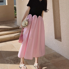 多巴胺粉色连衣裙女夏季新款拼接甜美减龄绝美法式收腰显瘦长裙子