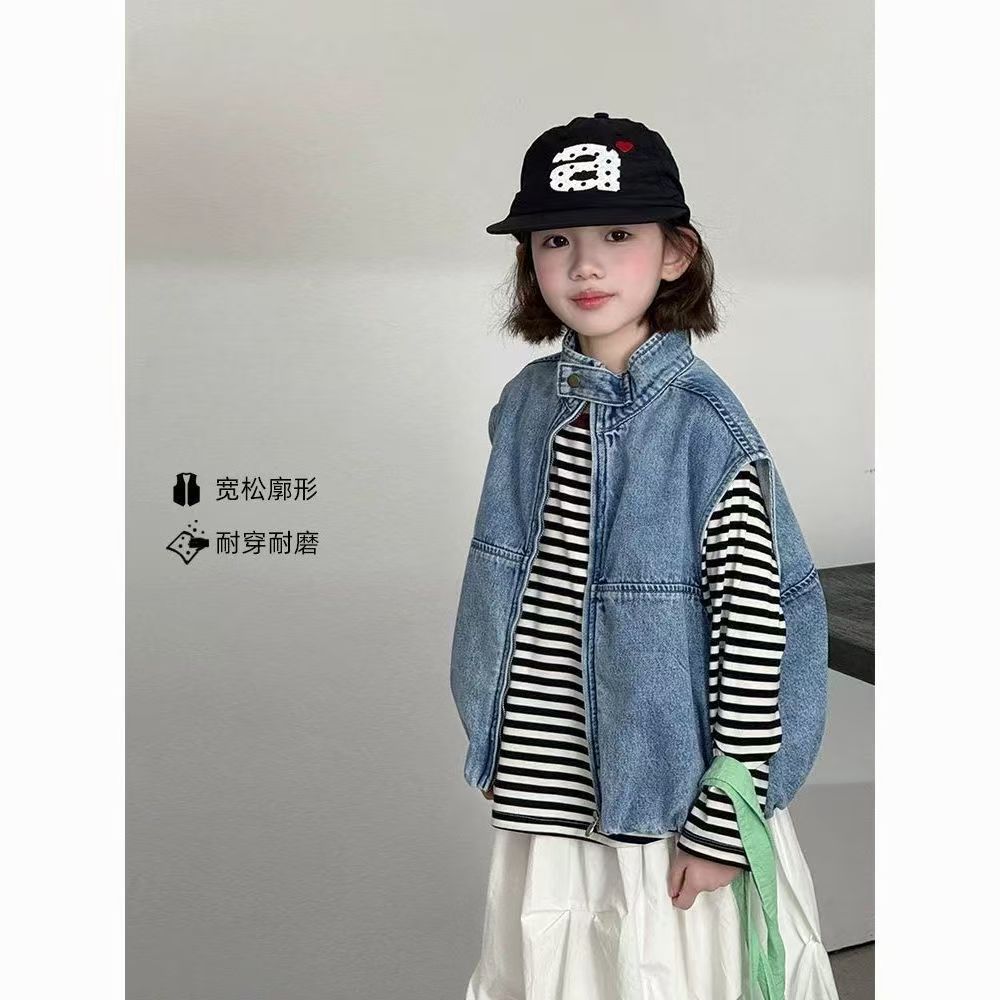Girls' 2026 Spring New Washed Denim Vest Jacket for Older Children, Korean Style, Stylish and Super Cute for Spring and Autumn