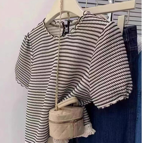Women's Summer New Chanel Style Fringe Striped Top with Design Sense, Unconventional and Slimming, Regular Shoulder Short Sleeve T-shirt